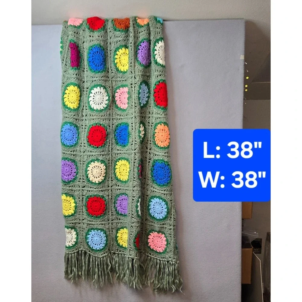 Vintage 1970s Handmade Crochet Granny Square Afghan Green Fringe Super Soft Boho